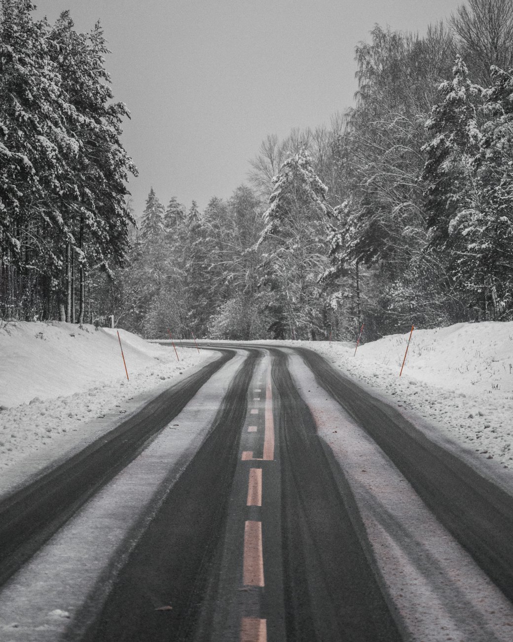 Snow-covered road through a spruce forest in winter