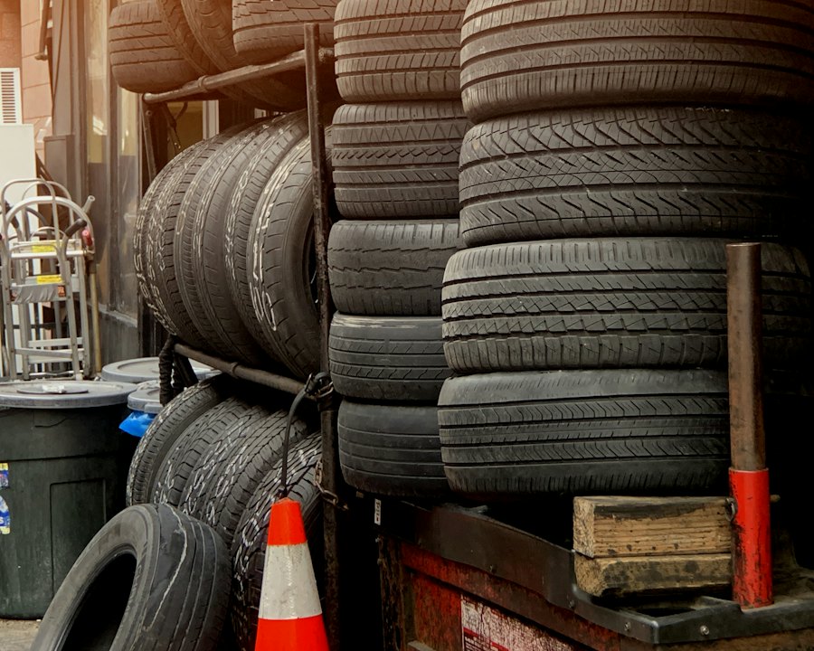Rows of stored tires stacked in a tire shop